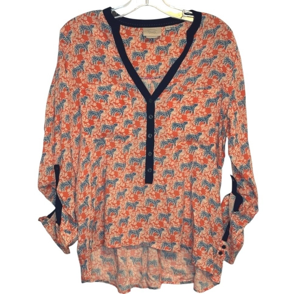 Vanessa Virginia Blouse Women Orange Blue Tiger Print Boho Safari Eclectic  10‎